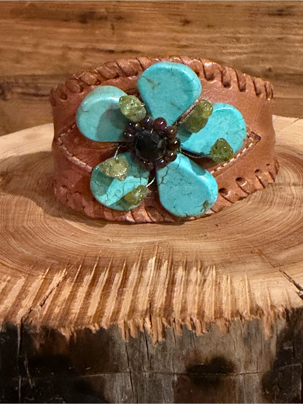 Handcrafted Brown Leather Cuff Bracelet w/ Turquoise Petals & Peridot Details